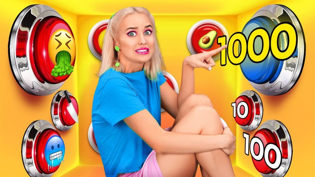 1000 FOOD CHALLENGES  FOR 24 HRS ||  Funny Hacks and Tricks! 100 Mystery Buttons by 123 GO! FOOD