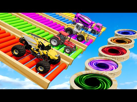 Funny Cars vs Giant Cars with Stairs Color – Car vs Rails and Train – BeamNG.Drive