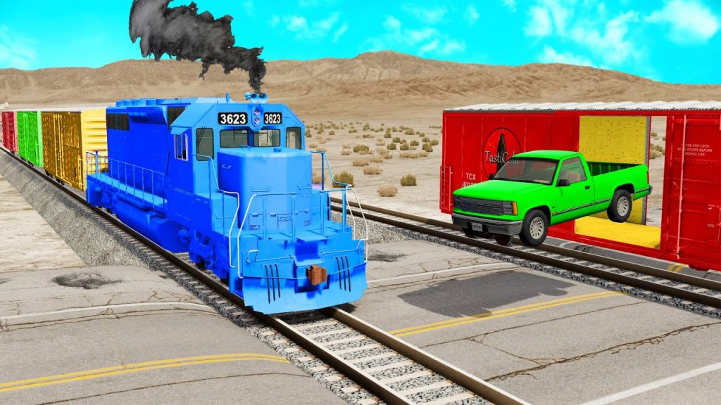 Funny Cars vs Slide Colors with Portal Trap Evolution Rescue – Cars vs Rails and Trains – BeamNG