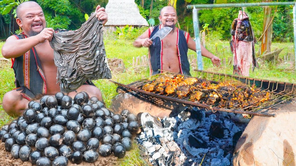 Dwarf Tribe Food Recipe – Grilled Snail in Bamboo Tube – Grilled Cow Book – Whole Bream Salad