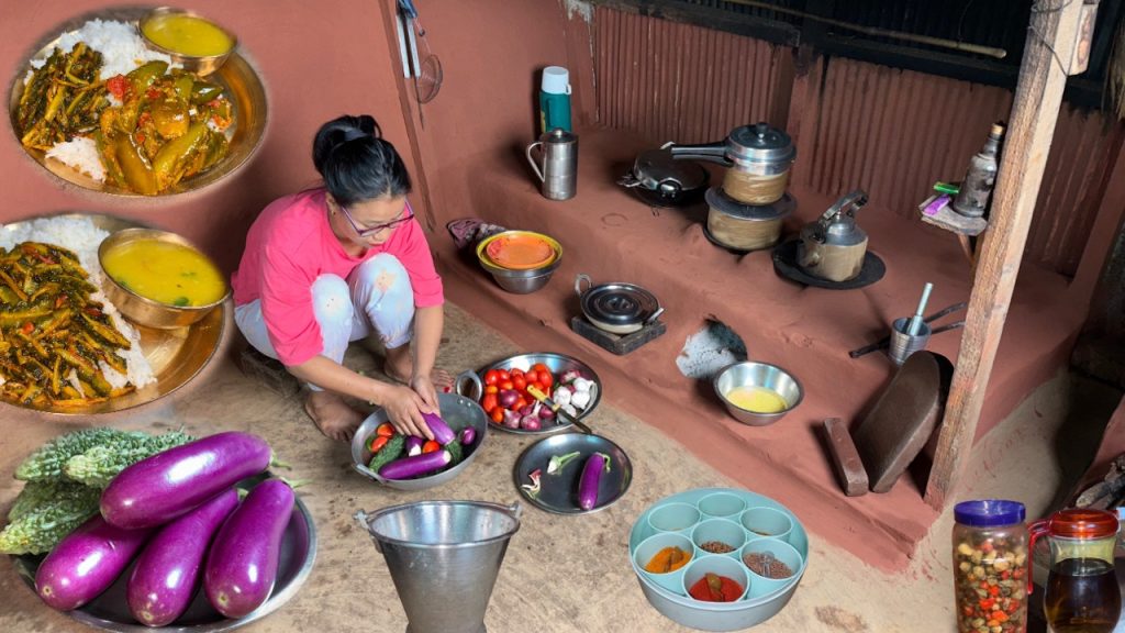 Simple Village Food Recipe : Brinjal Masala Gravy, Karela Fry (bitter gourd) Dal With Rice
