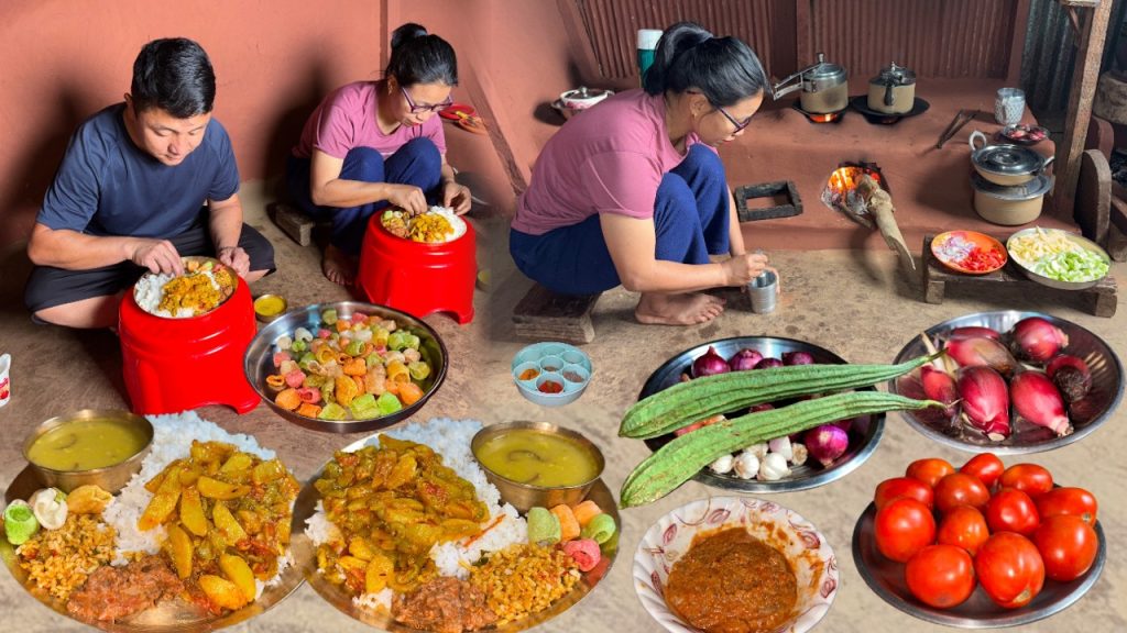 Nepali Village Healthy Food Recipe – Churumpa Ko Achar, Ghiraula Aloo mix Sabji & Dal With Rice