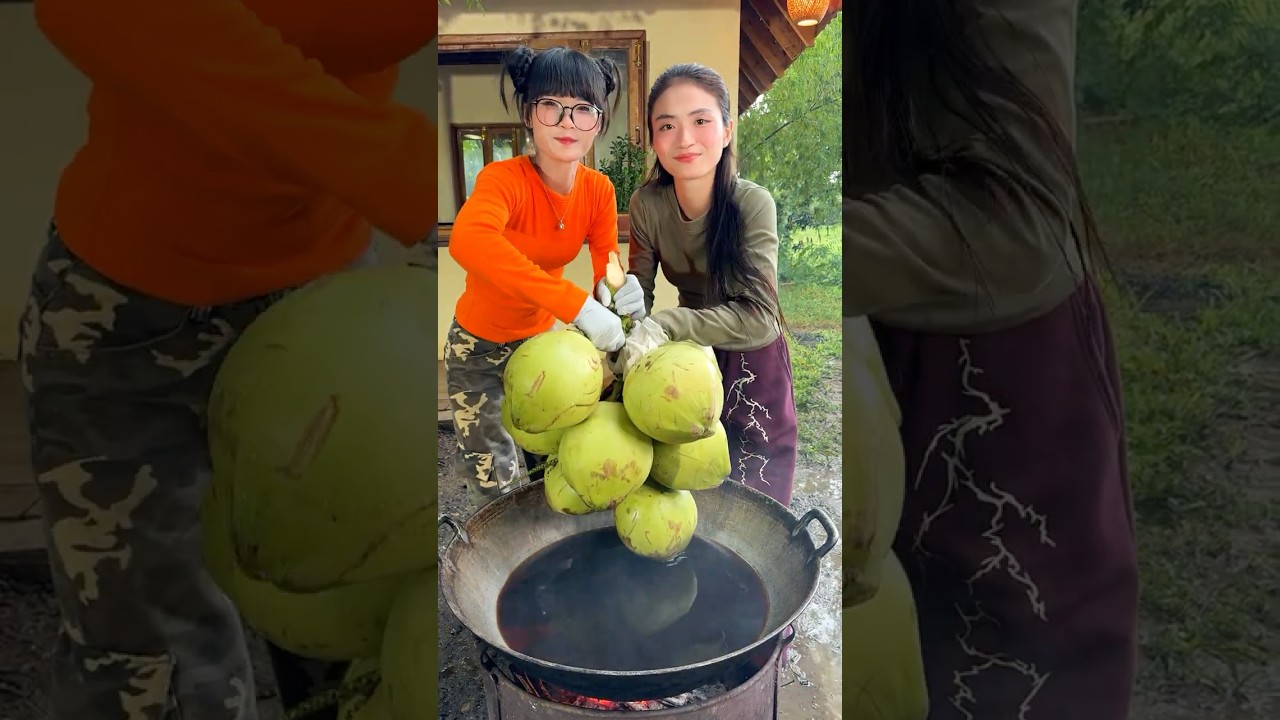 Cooking deep fried coconuts to make yummy food recipe