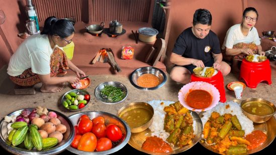 Village Style Food Recipe : Potol Aloo Bhaja Masala Gravy, Dal with Rice Cooking in Village