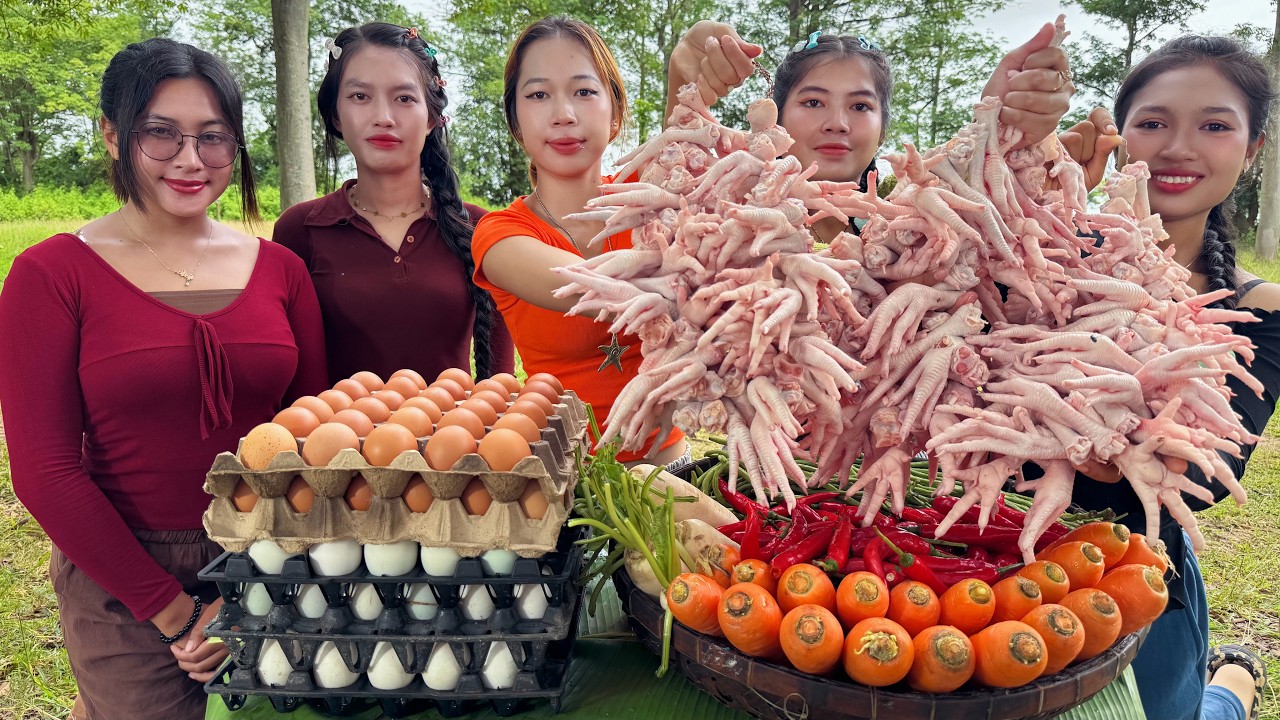 Amazing cooking chicken feet egg and vegetable recipe | countryside cooking food recipe