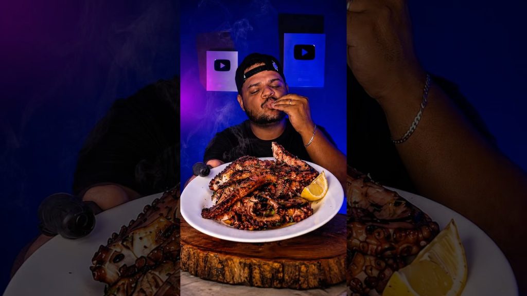 Tasting grilled octopus recipe 🐙#asmr #food #recipe #mukbang #octopus #satisfying