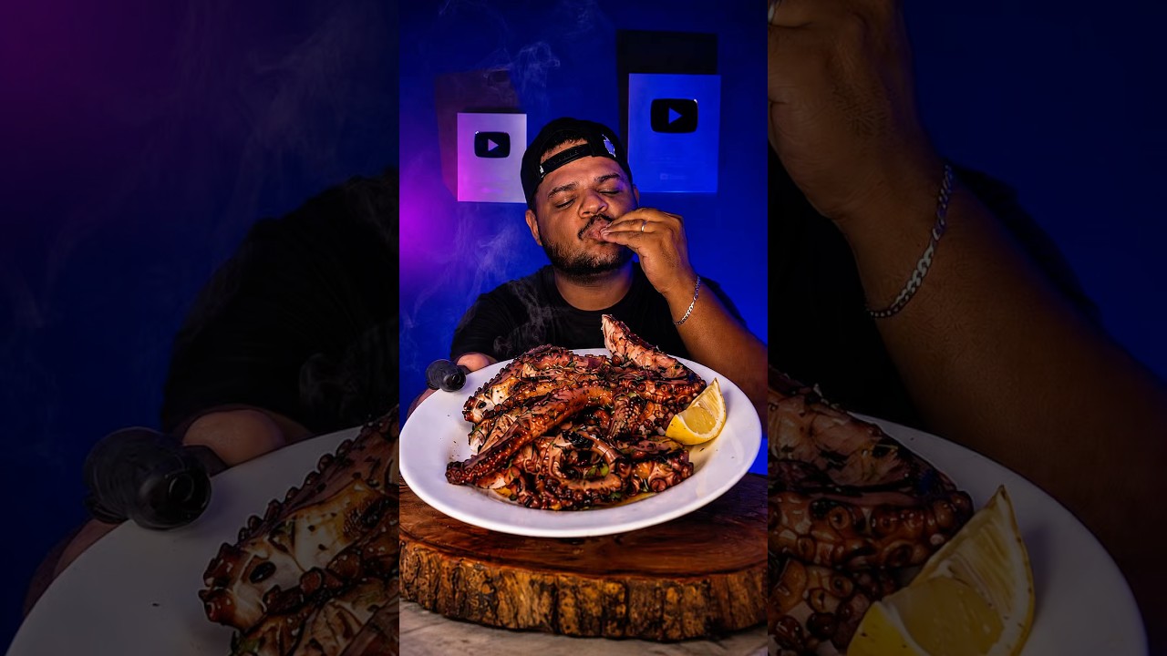 Tasting grilled octopus recipe 🐙#asmr #food #recipe #mukbang #octopus #satisfying