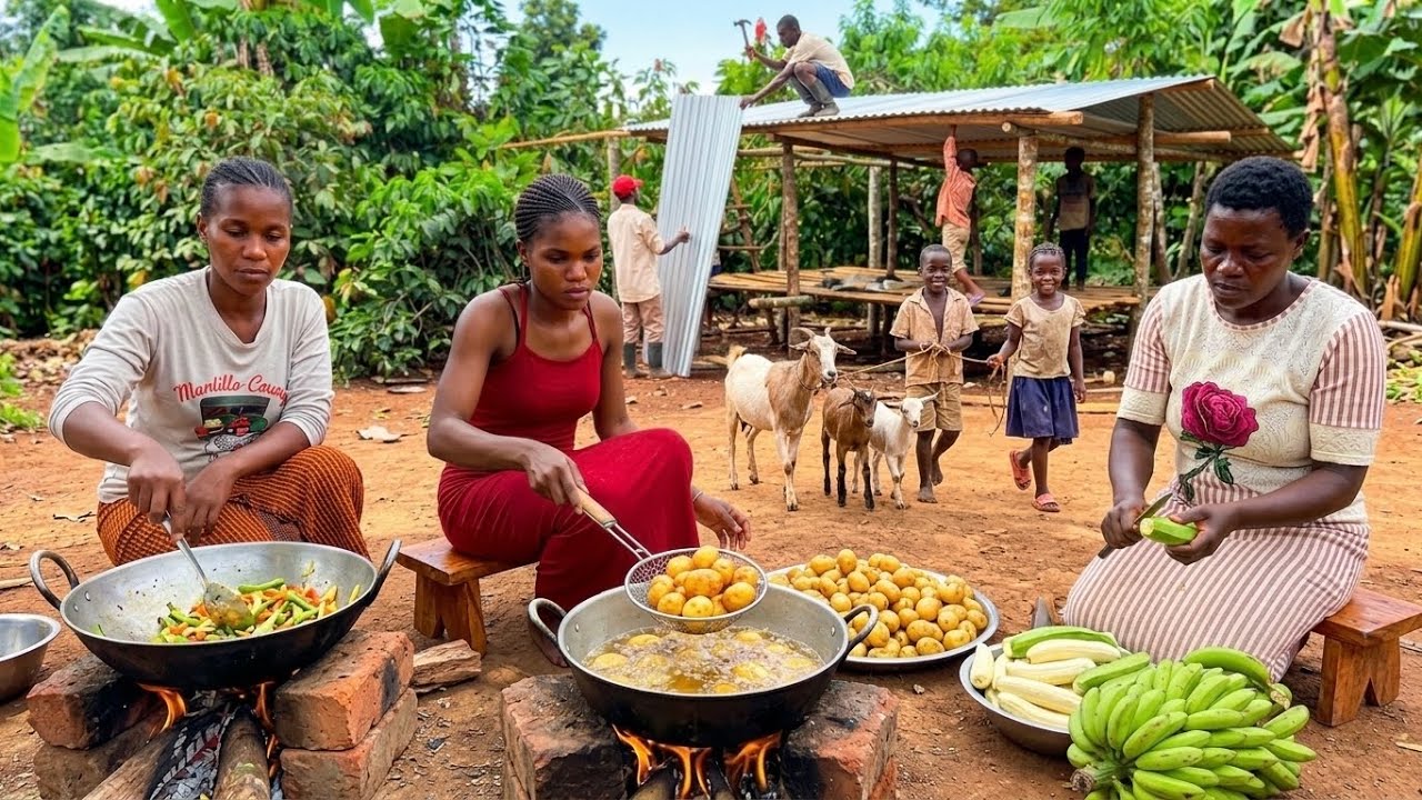 Cooking An African Tasty Food Recipe 🐐 Goat Shed Roofing In Our African Village
